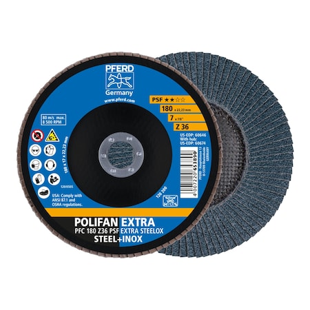 Pferd 7" x 7/8" A.H. POLIFAN Flap Disc - Z PSF EXTRA STEELOX, Zirconia, 36 Grit, Conical 60646